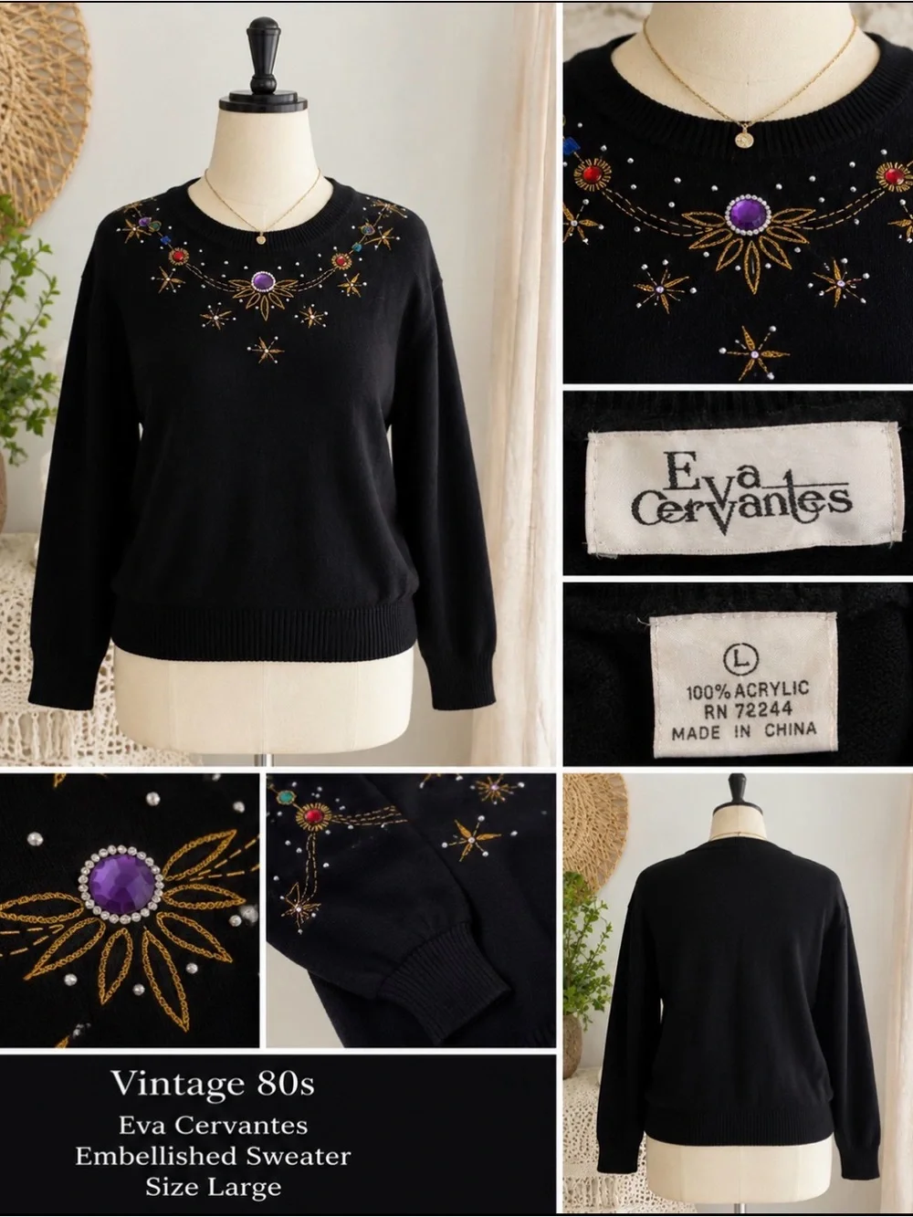 Vintage 80s - Eva Cervantes Embellished Black Women's Sweater with Gem Accents